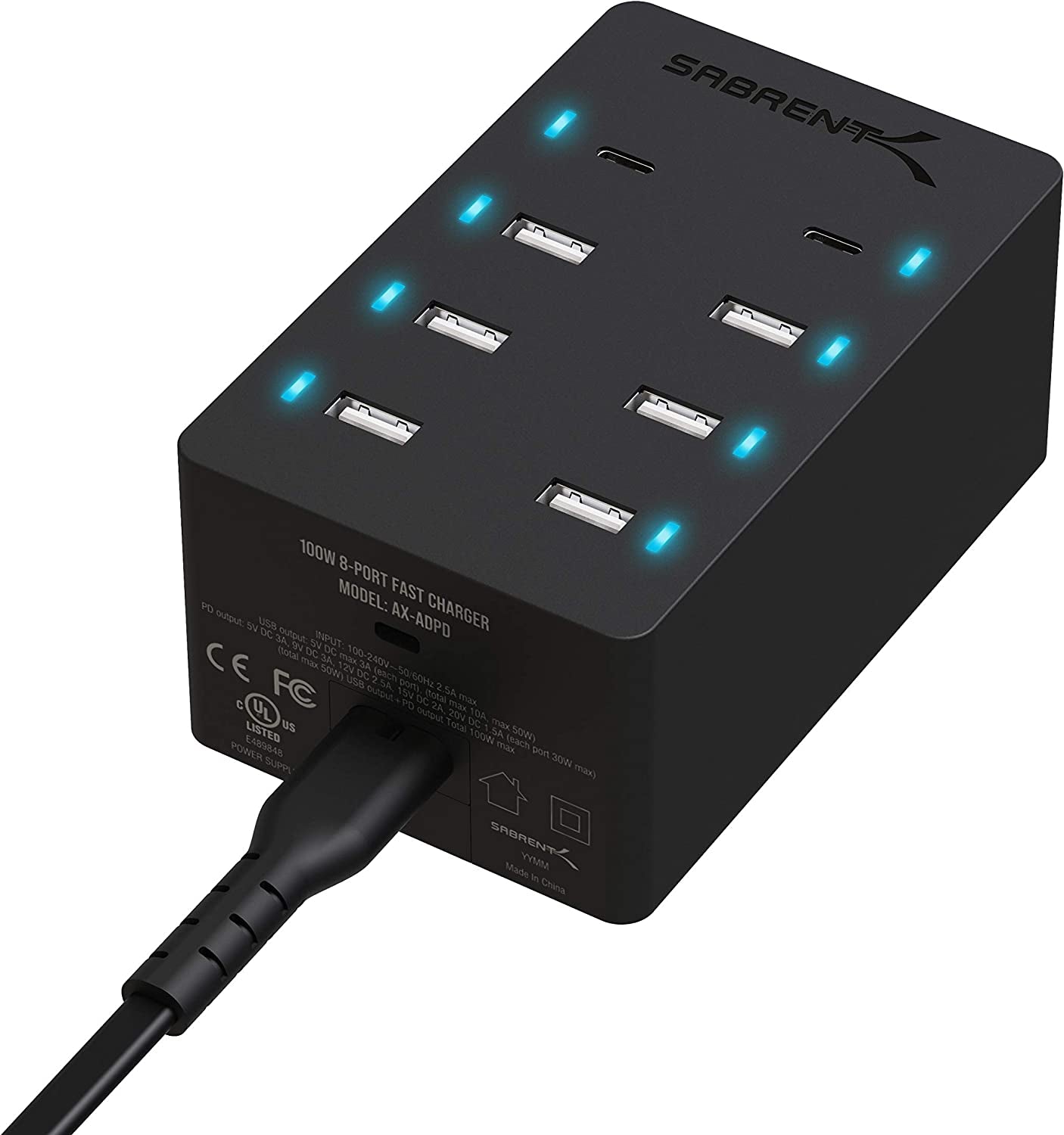 60 Watt (12 Amp) 10 Port [UL Certified] Family Sized Desktop USB Rapid Charger. Smart USB Ports with Auto Detect Technology [Black] (AX-TPCS)