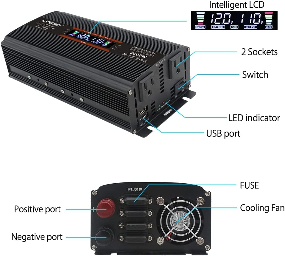 1500W Power Inverter for Car Vehicles Inverter 12V to 110V AC with LCD Display, 2AC Outlets, 3.1A USB Charging Ports (Black)