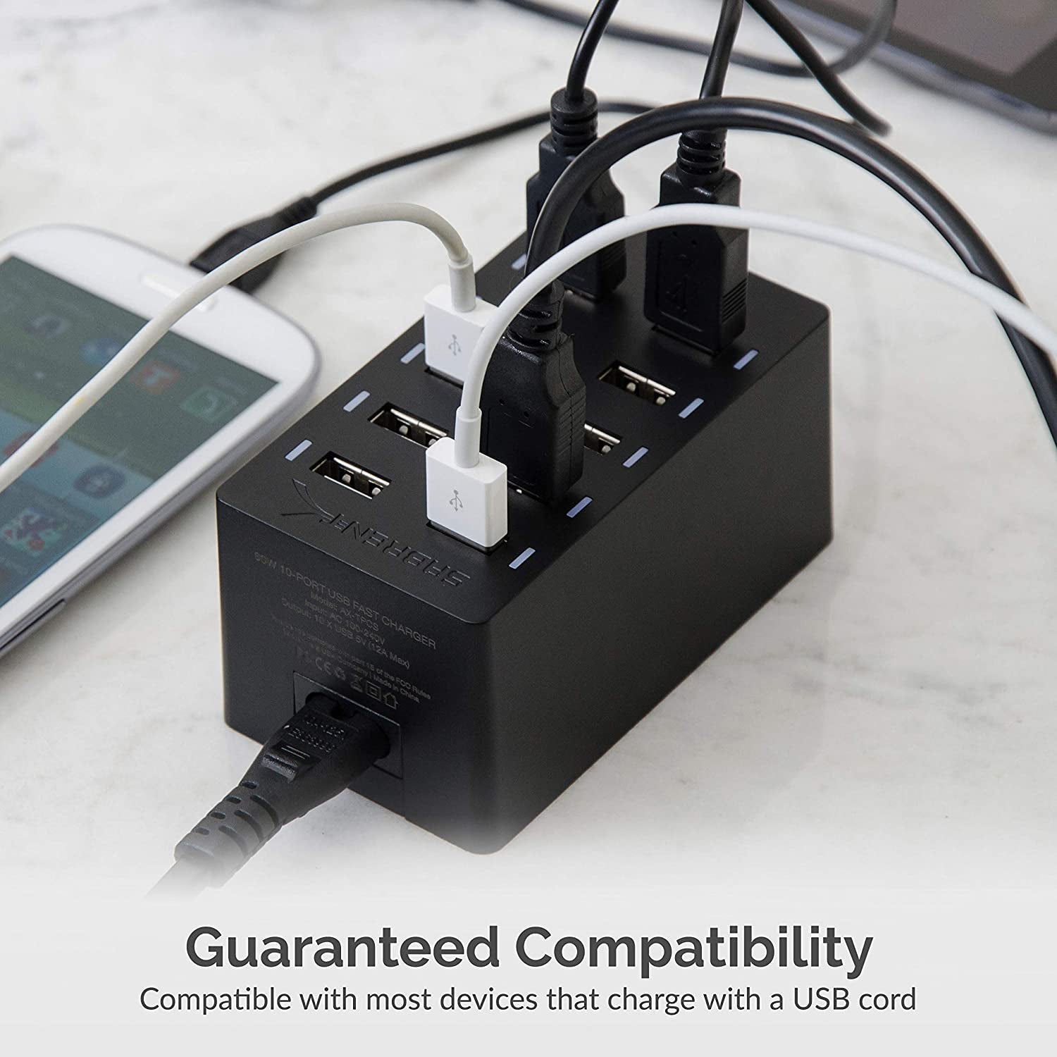 60 Watt (12 Amp) 10 Port [UL Certified] Family Sized Desktop USB Rapid Charger. Smart USB Ports with Auto Detect Technology [Black] (AX-TPCS)