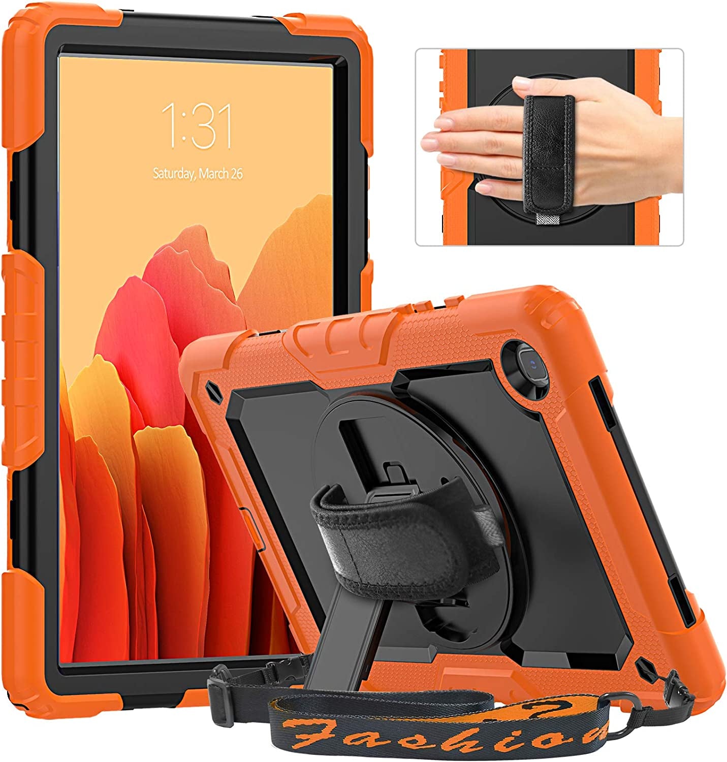 for Samsung Galaxy Tab A7 10.4 Case 2020/2022, SM-T500/ T503 Case, Durable Sturdy Case with Screen Protector Swivel Stand Hand Shoulder Strap Drop-Proof for Galaxy A7 Tablet Case - Orange