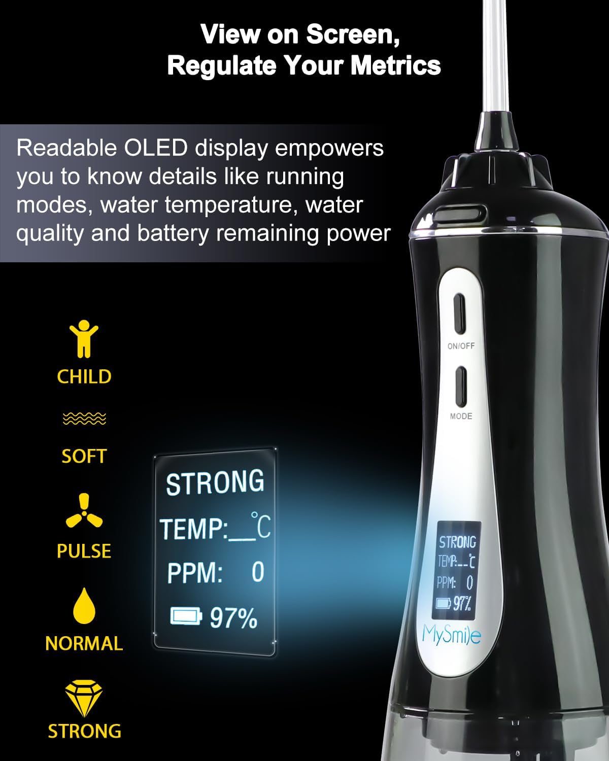 Powerful Cordless 350ML Water Dental Flosser Portable OLED Display Oral Irrigator with 5 Pressure Modes 8 Replaceable Jet Tips and Storage Bag for Home Travel Use (Black)