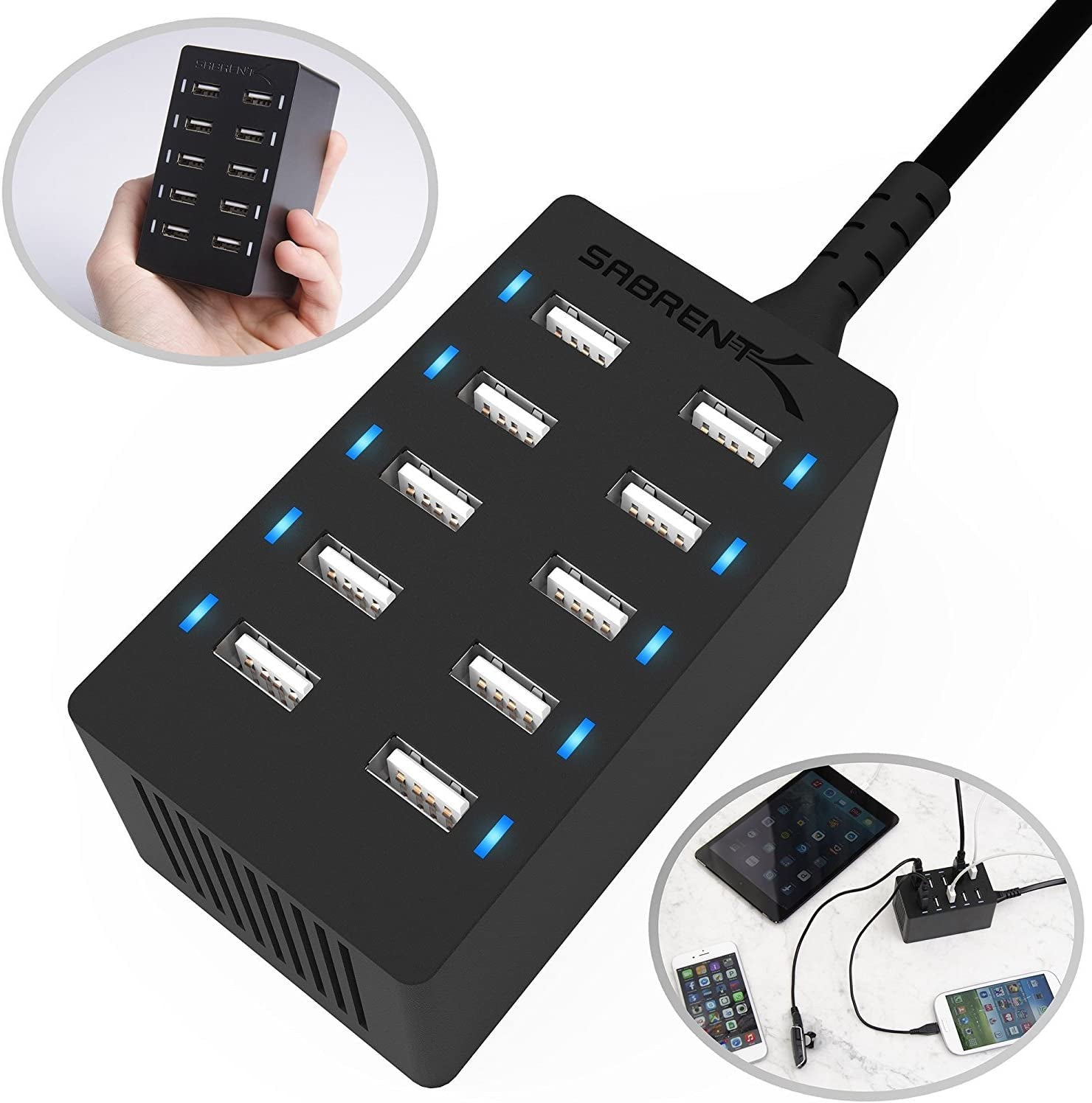 60 Watt (12 Amp) 10 Port [UL Certified] Family Sized Desktop USB Rapid Charger. Smart USB Ports with Auto Detect Technology [Black] (AX-TPCS)