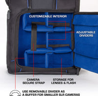 DSLR Camera Backpack Case - 15.6 Inch Laptop Compartment, Padded Custom Dividers, Tripod Holder, Rain Cover, Long-Lasting Durability and Storage Pockets - Compatible with Many Dslrs (Blue)