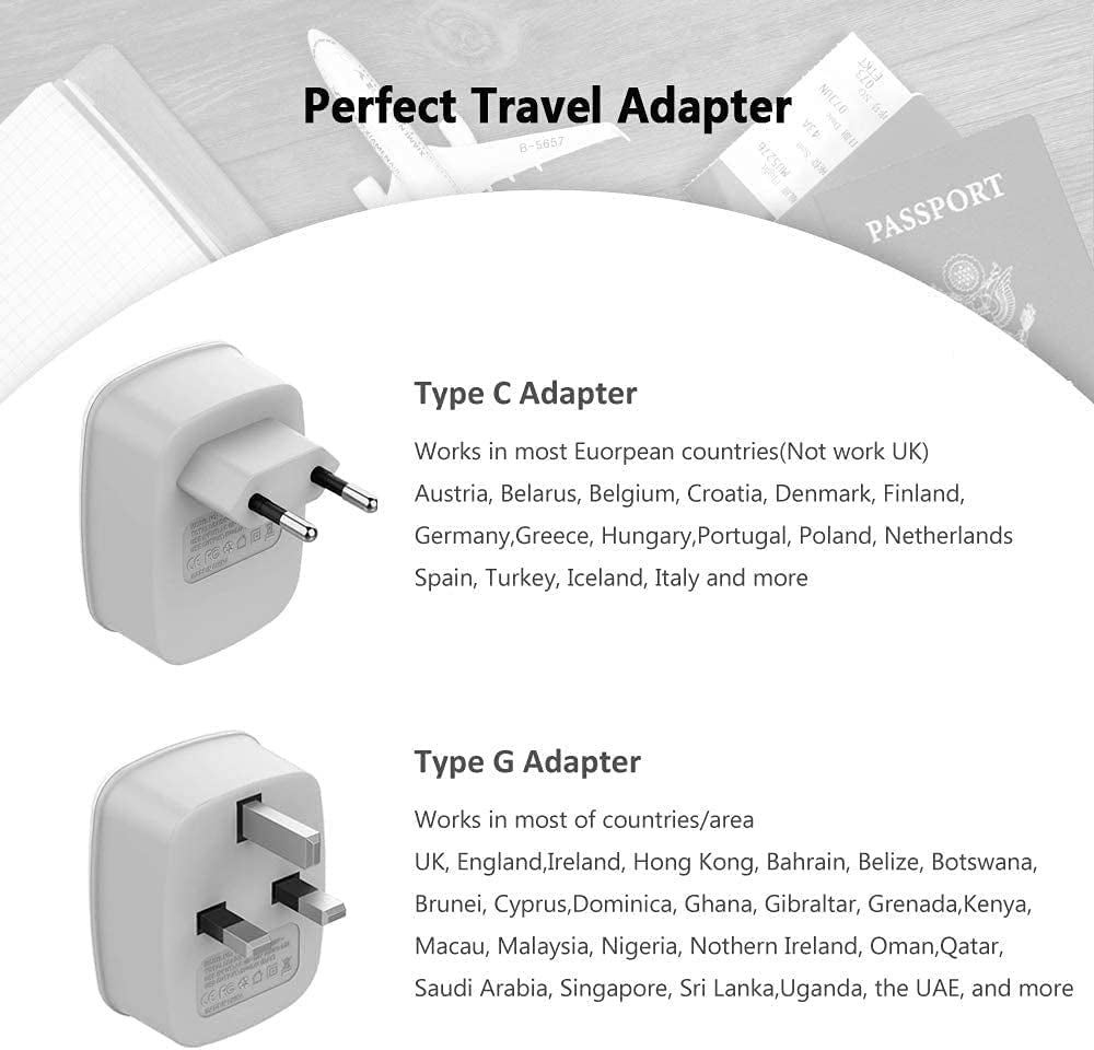 All European Travel Plug Adapter Kit, International Power Outlet Adaptor with 2 USB; Type C Type G US to Universal of Europe EU Spain Germany France Italy Ireland UK England Scotland Qatar