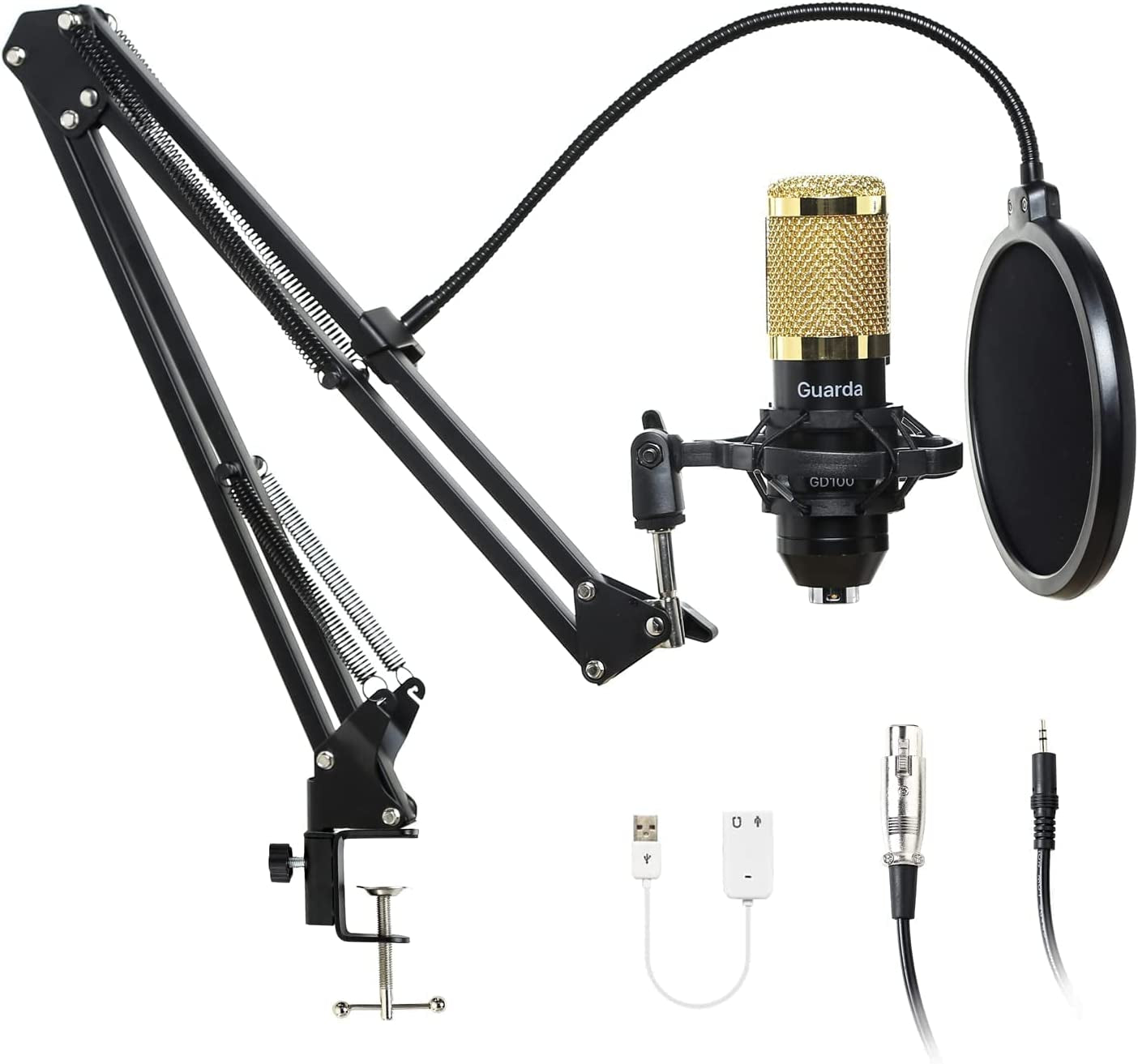 Studio Condenser USB Microphone Computer PC Microphone Kit with Adjustable Scissor Arm Stand Shock Mount, for PC Computer Recording Podcasting Youtube Karaoke Gaming Streaming Teaching Guarda GD100