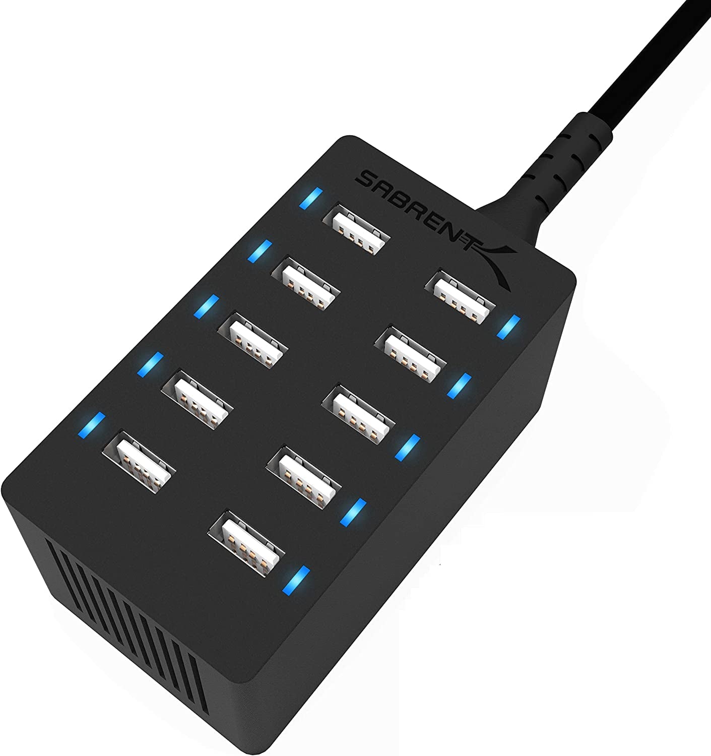 60 Watt (12 Amp) 10 Port [UL Certified] Family Sized Desktop USB Rapid Charger. Smart USB Ports with Auto Detect Technology [Black] (AX-TPCS)