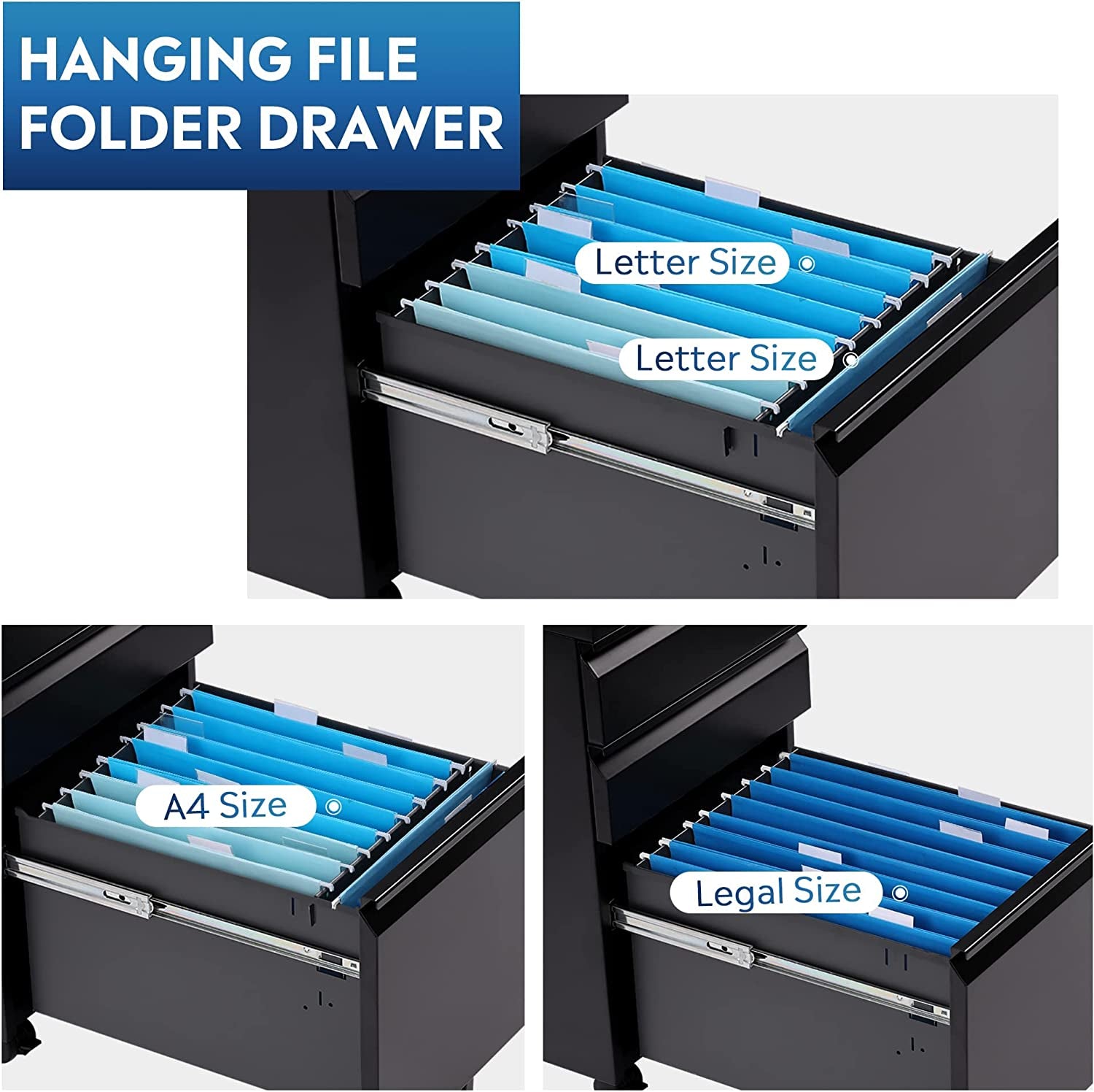 3 Drawer Mobile File Cabinet under Desk Office, Fully Assembled except Casters, Letter/Legal Size, Black