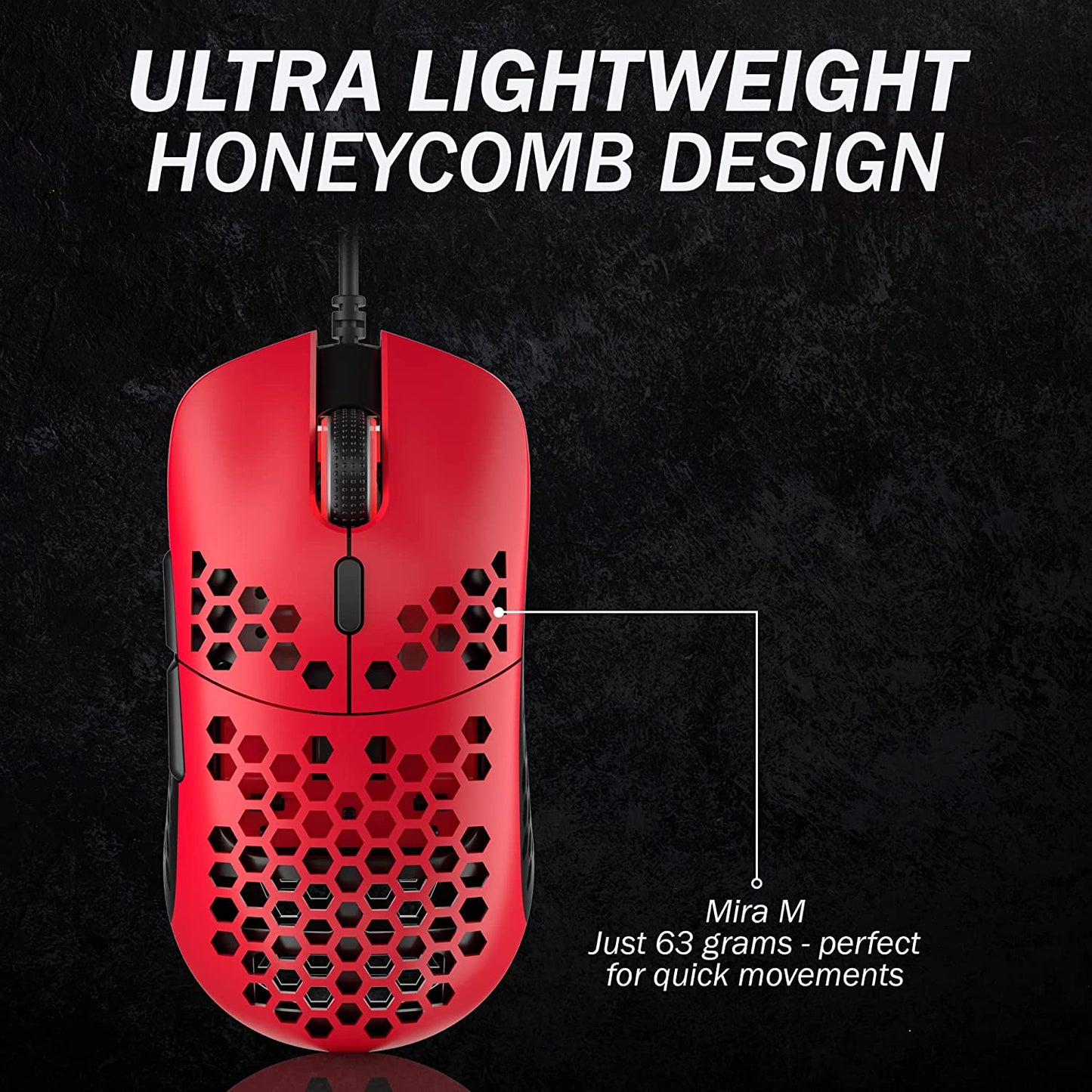 Mira M Ultra Lightweight RGB Gaming Mouse | Honeycomb Shell | 63 Grams | Max 12000 Cpi | USB Wired | 6 Programmable Buttons | On-Board Memory | anti Slip Grips | Mira-M Monza