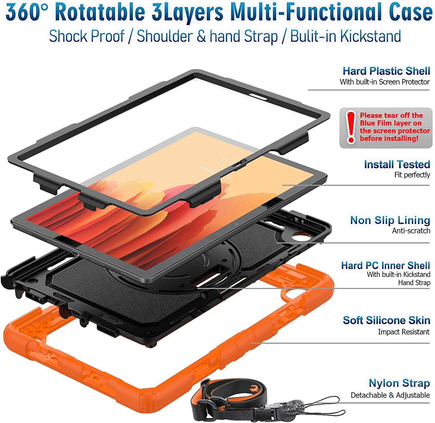 for Samsung Galaxy Tab A7 10.4 Case 2020/2022, SM-T500/ T503 Case, Durable Sturdy Case with Screen Protector Swivel Stand Hand Shoulder Strap Drop-Proof for Galaxy A7 Tablet Case - Orange