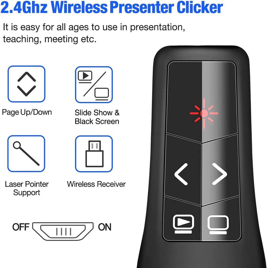 Wireless Presenter Remote, RF 2.4Ghz USB Presentation Remote Control Powerpoint Presentation Clicker for Keynote/Ppt/Mac/Pc