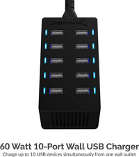 60 Watt (12 Amp) 10 Port [UL Certified] Family Sized Desktop USB Rapid Charger. Smart USB Ports with Auto Detect Technology [Black] (AX-TPCS)