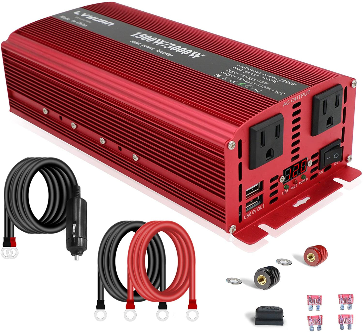 1500W Power Inverter for Car Vehicles Inverter 12V to 110V AC with LCD Display, 2AC Outlets, 3.1A USB Charging Ports (Black)