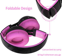 Bluetooth Kids Headphones, AB005 Wireless Headphones Bluetooth V5.2 with Microphone Foldable Headset with TF Card FM Radio and LED Light Compatible for Cellphones PC TV Ipad (Black&Pink)