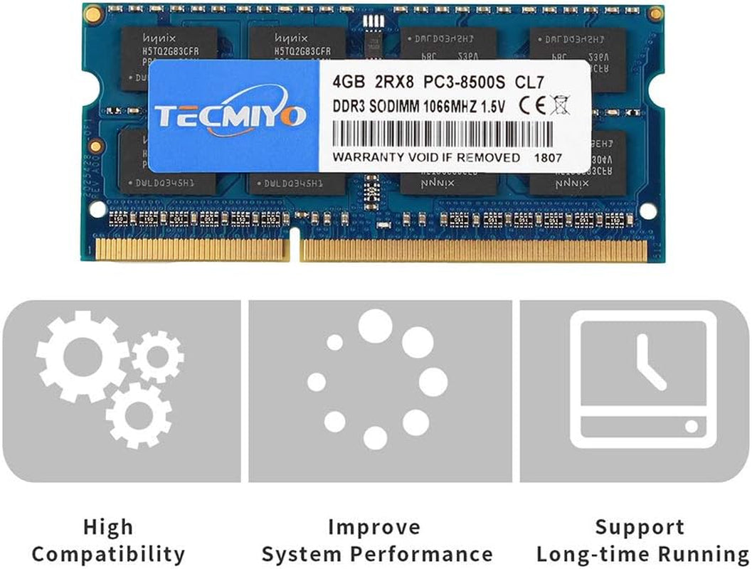 8GB Kit (2X4Gb) DDR3 1066Mhz PC3-8500 PC3-8500S Non ECC Unbuffered 1.5V CL7 2RX8 Dual Rank 204 Pin SODIMM Laptop Notebook Computer Memory Ram