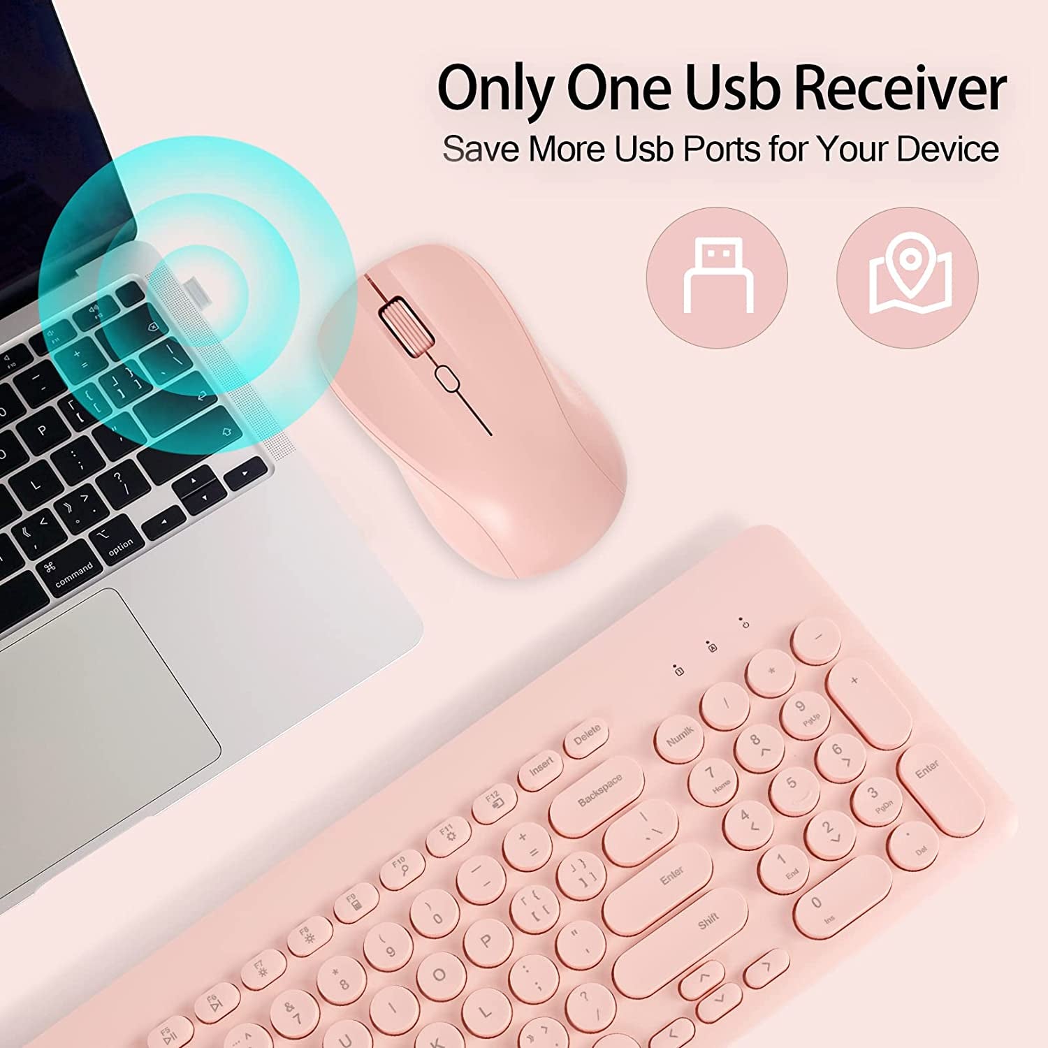 Wireless Keyboard and Mouse Combo, Sweet Pink Cute Keyboard, 2.4G USB Ergonomic Full-Sized Mute Keyboard for Computer, Laptop, PC Desktops, Mac