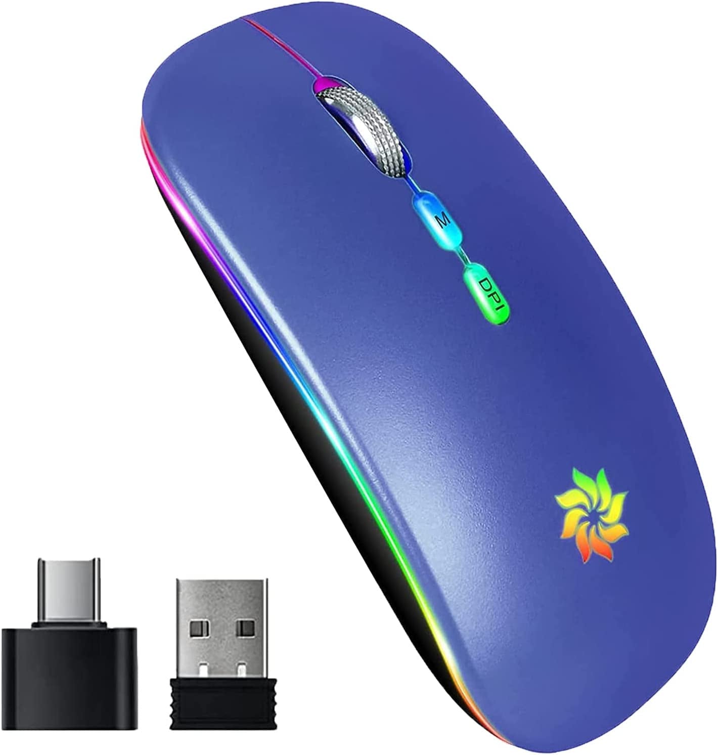 LED Wireless Mouse Slim Silent Mouse 2.4G Rechargeable Wireless Computer Mouse Wireless Mouse for Laptop, Macbook, Ipad, Chromebook, with USB & Type-C Receiver