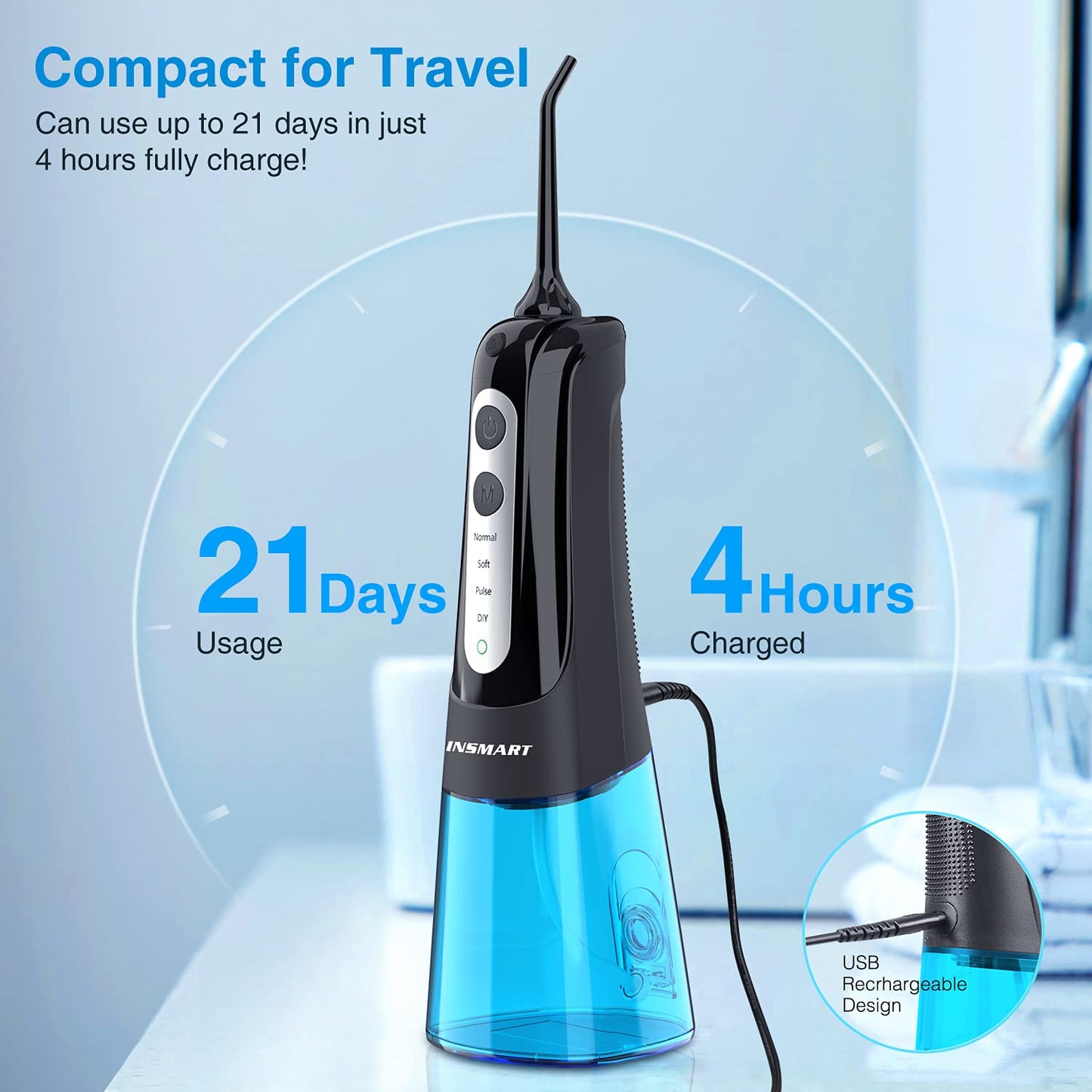 Cordless Water Dental Flosser Teeth Cleaner,  Professional 300ML Tank DIY Mode USB Rechargeable Dental Oral Irrigator for Home and Travel, IPX7 Waterproof 4 Modes Irrigate for Oral Care Blue