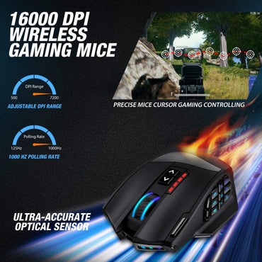 Venus Pro RGB Wireless MMO Gaming Mouse, 16,000 DPI Optical Sensor, 2.4 Ghz Transmission Technology, Ergonomic Design, 16M Chroma RGB Lighting, 16 Programmable Buttons, up to 70 Hours