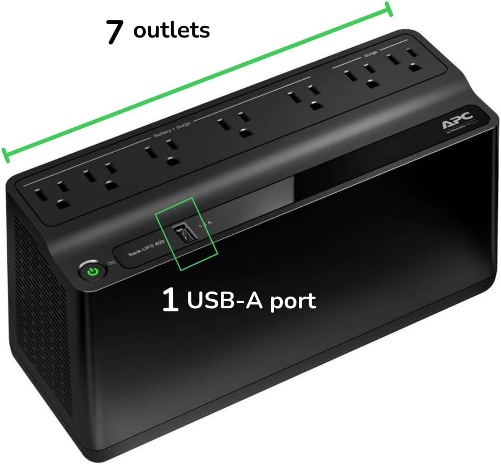 UPS Battery Backup and Surge Protector, 600VA Backup Battery Power Supply, BE600M1 Back-Ups with USB Charger Port