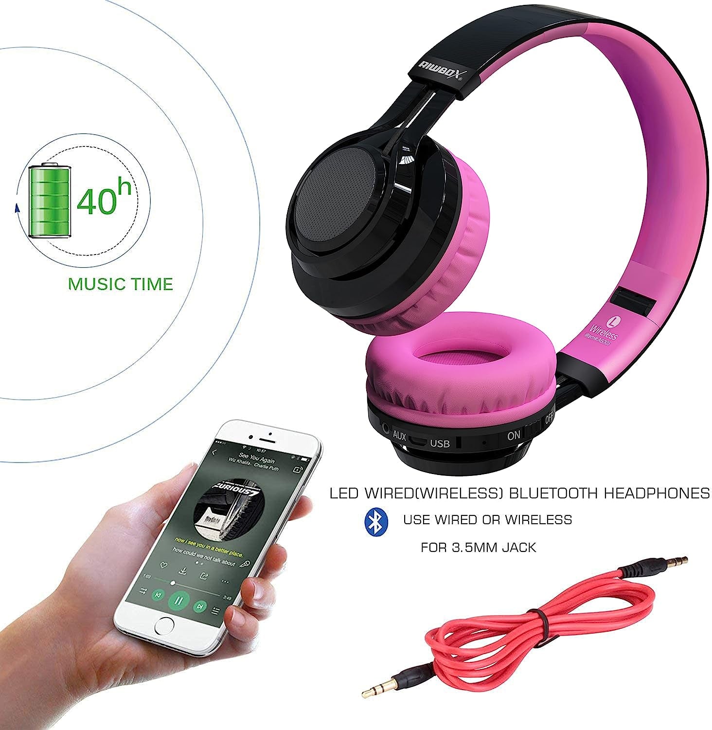 Bluetooth Kids Headphones, AB005 Wireless Headphones Bluetooth V5.2 with Microphone Foldable Headset with TF Card FM Radio and LED Light Compatible for Cellphones PC TV Ipad (Black&Pink)