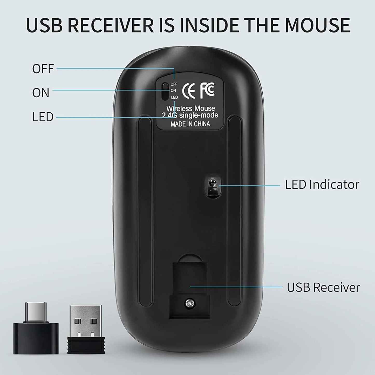 LED Wireless Mouse Slim Silent Mouse 2.4G Rechargeable Wireless Computer Mouse Wireless Mouse for Laptop, Macbook, Ipad, Chromebook, with USB & Type-C Receiver