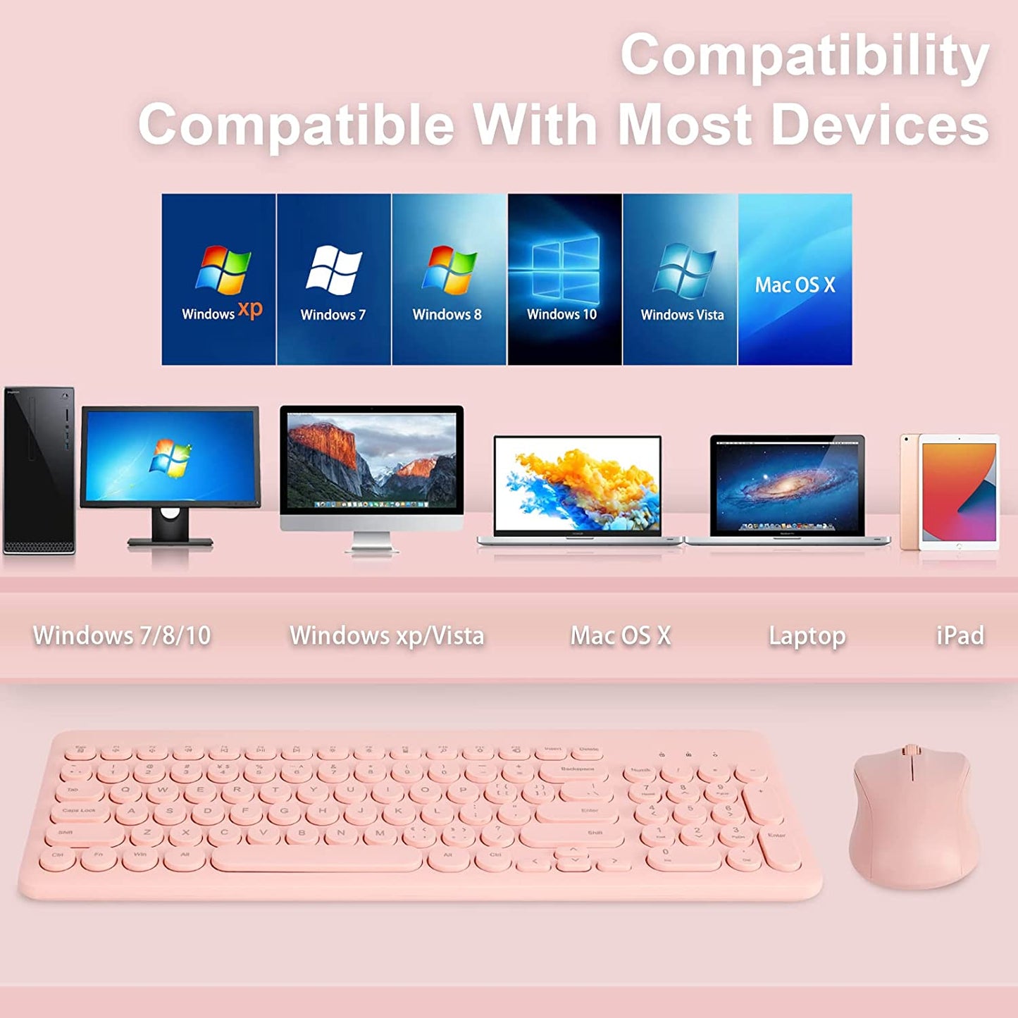 Wireless Keyboard and Mouse Combo, Sweet Pink Cute Keyboard, 2.4G USB Ergonomic Full-Sized Mute Keyboard for Computer, Laptop, PC Desktops, Mac