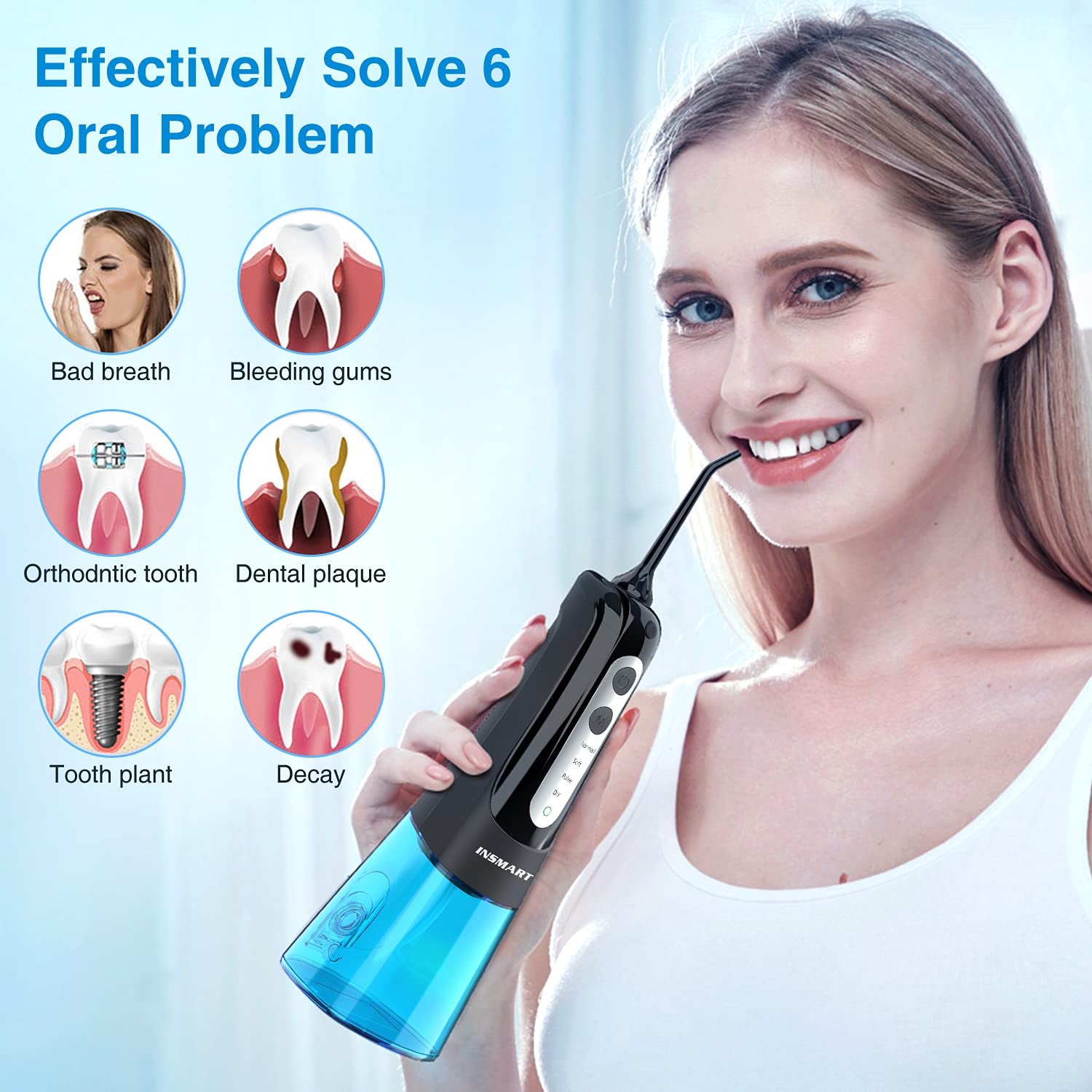 Cordless Water Dental Flosser Teeth Cleaner,  Professional 300ML Tank DIY Mode USB Rechargeable Dental Oral Irrigator for Home and Travel, IPX7 Waterproof 4 Modes Irrigate for Oral Care Blue