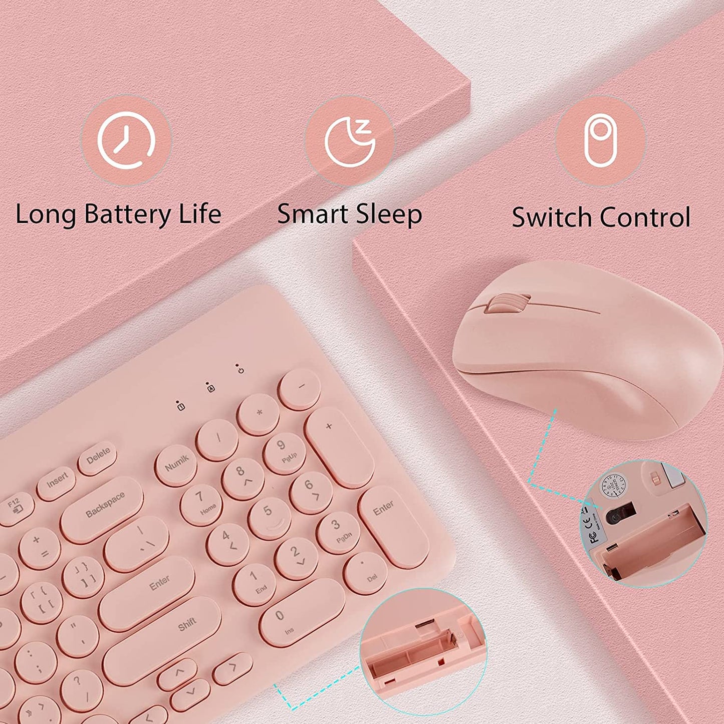 Wireless Keyboard and Mouse Combo, Sweet Pink Cute Keyboard, 2.4G USB Ergonomic Full-Sized Mute Keyboard for Computer, Laptop, PC Desktops, Mac