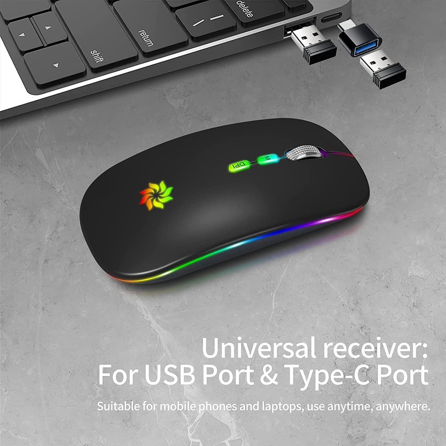 LED Wireless Mouse Slim Silent Mouse 2.4G Rechargeable Wireless Computer Mouse Wireless Mouse for Laptop, Macbook, Ipad, Chromebook, with USB & Type-C Receiver