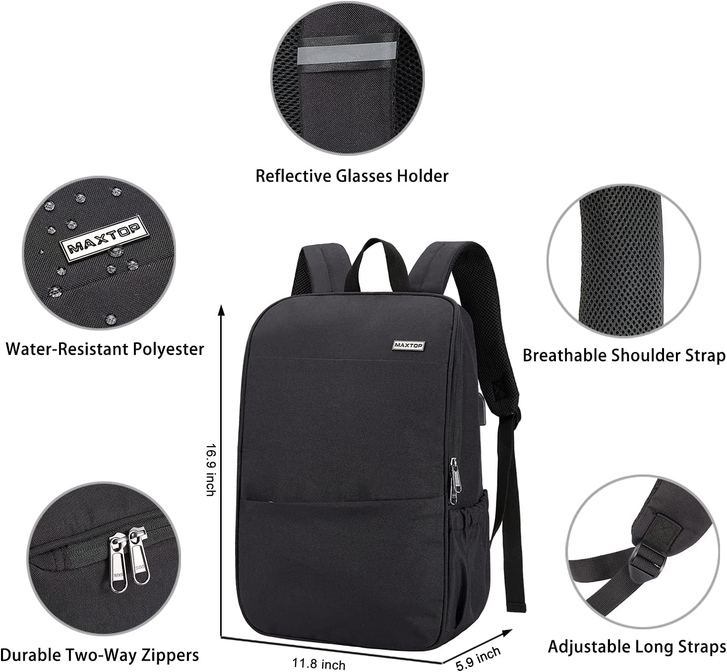 Deep Storage Laptop Backpack with USB Charging Port[Water Resistant] College Computer Bookbag Fits 16 Inch Laptop,Black