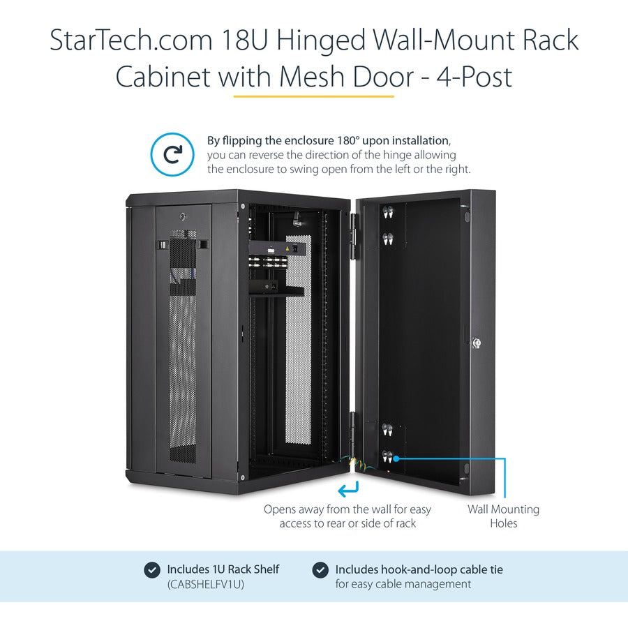 StarTech.com 4-Post 18U Wall Mount Network Cabinet, 19" Hinged Wall-Mounted Server Rack for Data / IT Equipment, Lockable Rack Enclosure