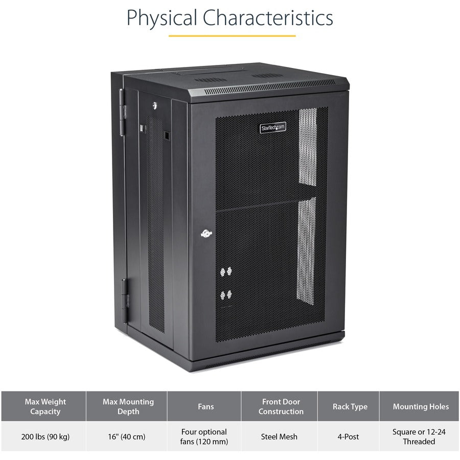 StarTech.com 4-Post 18U Wall Mount Network Cabinet, 19" Hinged Wall-Mounted Server Rack for Data / IT Equipment, Lockable Rack Enclosure